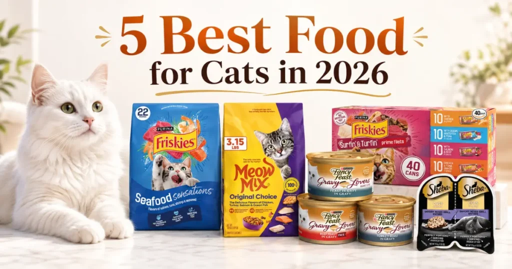 Five different food for cats products lined up, including wet and dry varieties
