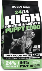 Bully Max Puppy Food 24/14 High Protein & Growth Formula - Natural Dry Dog Food with Lamb and Rice for Small Dogs and Large Breed Puppies - Slow-Cooked, Sensitive Stomach Pet Food, 5-Pound Bag