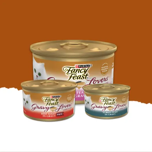 Fancy Feast cat food cans from the Gravy Lovers poultry and beef variety pack