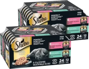 SHEBA PERFECT PORTIONS Cuts in Gravy Adult Wet Cat Food Trays (24 Count, 48 Servings), Gourmet Salmon & Sustainable Tuna, Easy Peel Twin-Pack Trays
