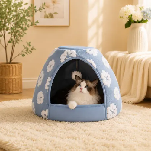 BALANCE 2-in-1 cat bed cave tent in blue jacquard sherpa