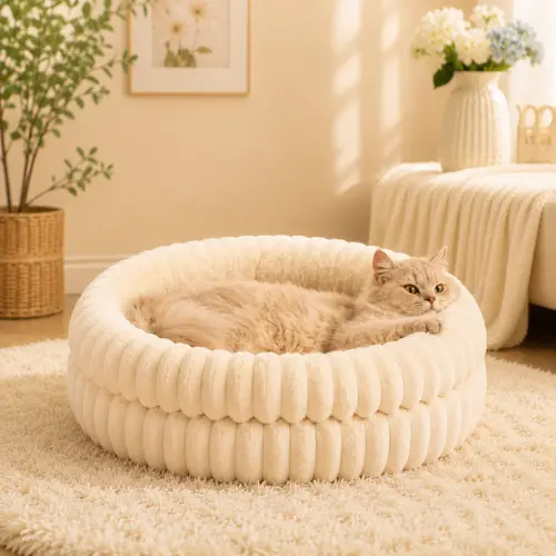 BALANCE round plush cat bed with anti-slip bottom