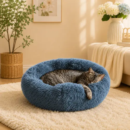 Whiskers and Friends fluffy donut cat bed for indoor cats