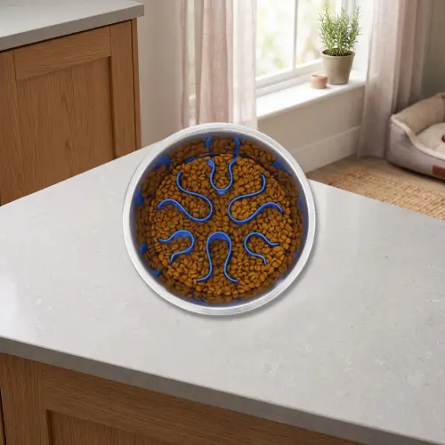 slow feeder bowl stainless steel maze design
